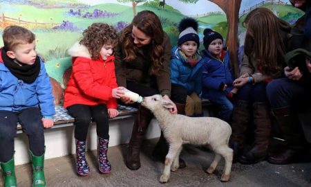 Кейт Миддлтон посетила ферму, где вместе с детьми покормила из бутылки ягненка