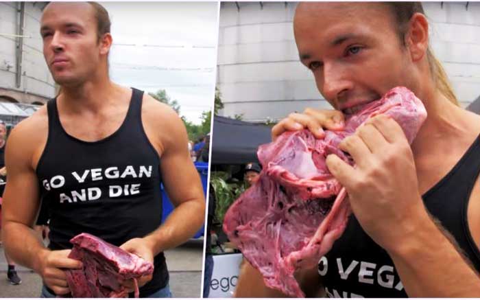Мясоед провел акцию против веганства на фестивале VegFest
