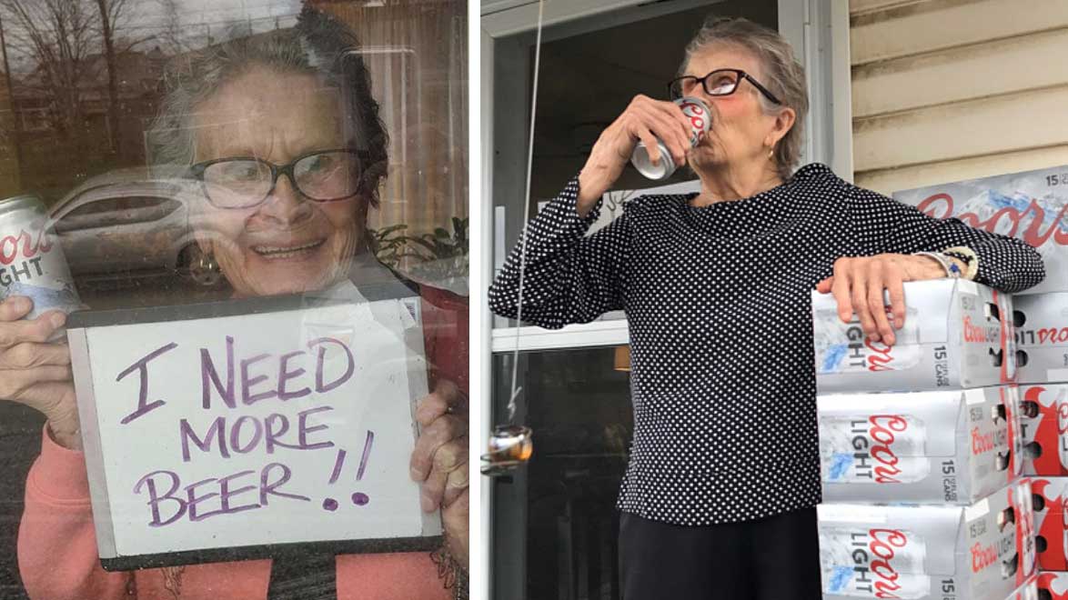 93-летняя любительница пива в самоизоляции получила 150 банок в подарок