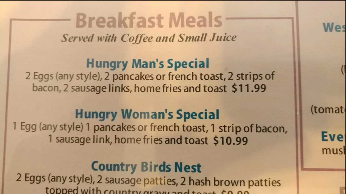 Пользователи соцсети Reddit обсуждают меню кафе с завтраками для мужчин и женщин