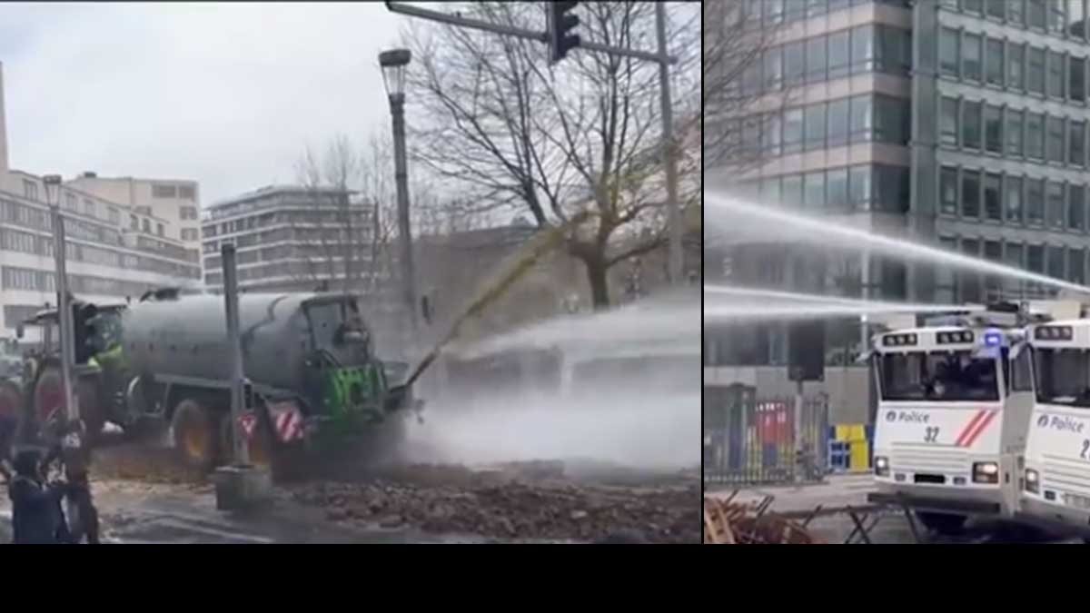 В Бельгии навозомет фермеров сразился с полицейским водометом